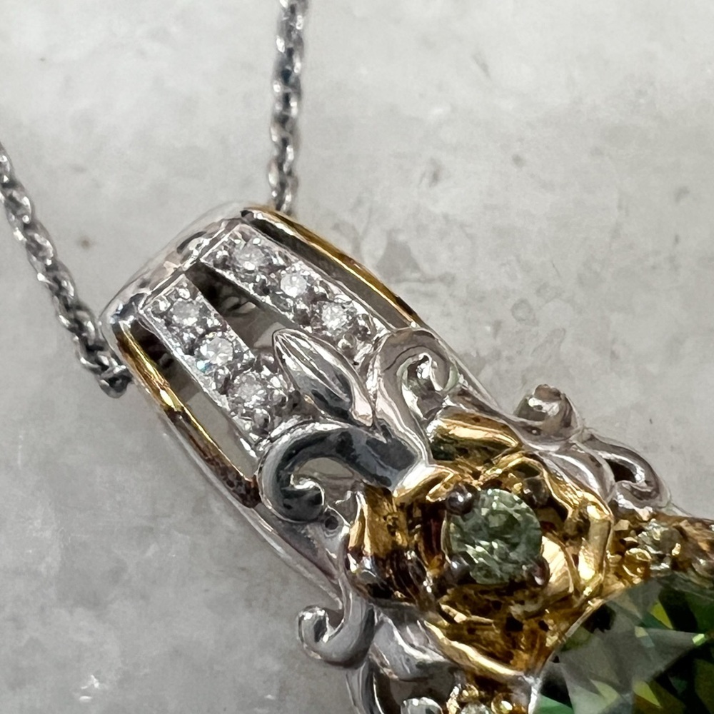 Green and White Moissanite Green Sapphire Sterling Silver Pendant 20” Necklace - Picture 6 of 11